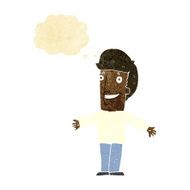 cartoon grining man with open arms thought bubble