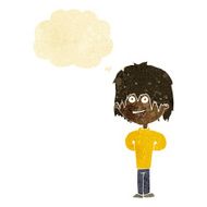 cartoon happy scruffy boy with thought bubble N2