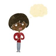 cartoon woman making Who Me? gesture with thought bubble N8