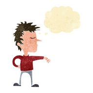 cartoon man making camp gesture with thought bubble N4