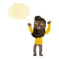 cartoon happy bearded man waving arms with thought bubble
