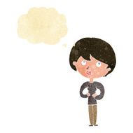 cartoon woman making Who Me? gesture with thought bubble N9