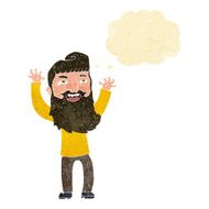 cartoon happy bearded man waving arms with thought bubble N2