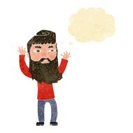 cartoon bearded man waving arms with thought bubble N2