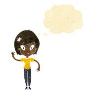 cartoon pretty woman waving with thought bubble N7