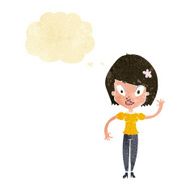 cartoon pretty woman waving with thought bubble N8