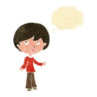 cartoon woman thinking with thought bubble N3