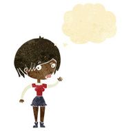 cartoon waving woman with thought bubble N6
