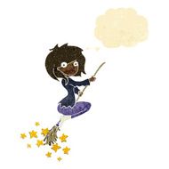 cartoon witch riding broomstick with thought bubble N3