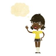 cartoon waving woman with thought bubble N8