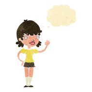 cartoon waving woman with thought bubble N9