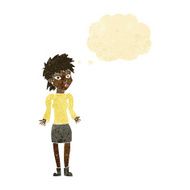 cartoon woman shrugging shoulders with thought bubble N45
