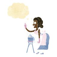 cartoon housewife washing up with thought bubble