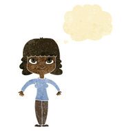 cartoon woman shrugging shoulders with thought bubble N47