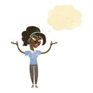 cartoon woman raising hands in air with thought bubble N3