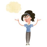cartoon woman raising hands in air with thought bubble N4