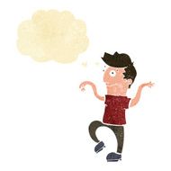 cartoon happy man doing funny dance with thought bubble N2