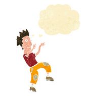 cartoon happy man doing funny dance with thought bubble N3