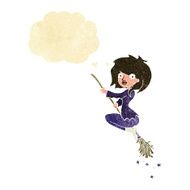cartoon witch riding broomstick with thought bubble N4