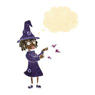 cartoon witch casting spell with thought bubble