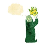 cartoon waving halloween ghoul with thought bubble