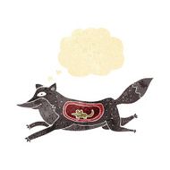 cartoon wolf with mouse in belly thought bubble
