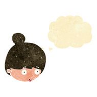 cartoon surprised woman&#039;s face with thought bubble N2