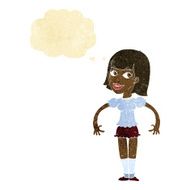 cartoon woman shrugging shoulders with thought bubble N49