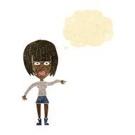 cartoon woman waving away with thought bubble