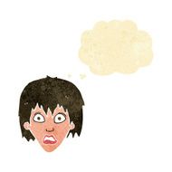 cartoon frightened woman with thought bubble N5