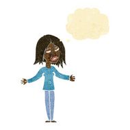 cartoon woman shrugging shoulders with thought bubble N50