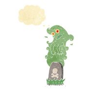 cartoon ghost rising from grave with thought bubble N5
