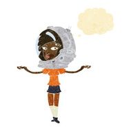 cartoon woman wearing space helmet with thought bubble