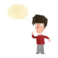 cartoon man giving peace sign with thought bubble N10