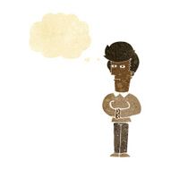 cartoon man narrowing his eyes with thought bubble