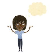 cartoon woman shrugging with thought bubble N11