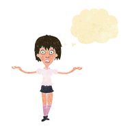 cartoon woman shrugging shoulders with thought bubble N53