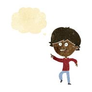 cartoon happy pointing man with thought bubble