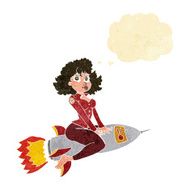 cartoon army pin up girl riding missile with thought bubble