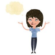 cartoon woman shrugging with thought bubble N12