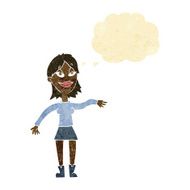 cartoon woman making hand gesture with thought bubble