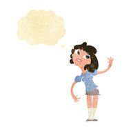 cartoon woman waving with thought bubble N55