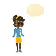 cartoon woman shrugging shoulders with thought bubble N54