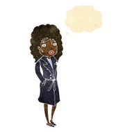 cartoon woman in trench coat with thought bubble