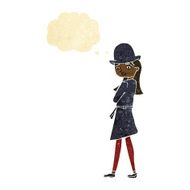 cartoon female spy with thought bubble N3