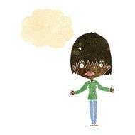 cartoon woman shrugging shoulders with thought bubble N56