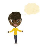 cartoon woman shrugging shoulders with thought bubble N58