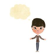 cartoon woman shrugging shoulders with thought bubble N59