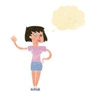 cartoon woman waving with thought bubble N58