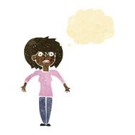 cartoon woman shrugging shoulders with thought bubble N60